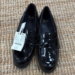 NWT Zara Shiny Patent Leather Black Loafers